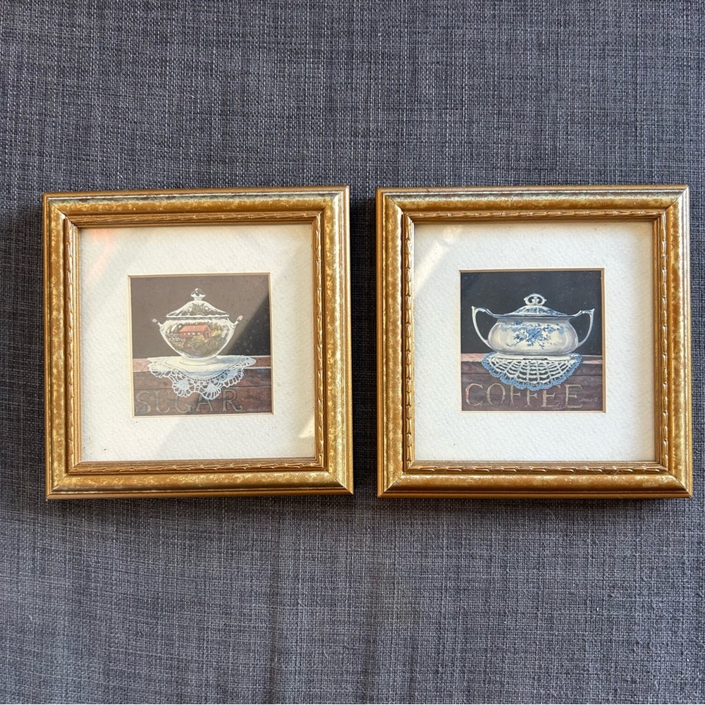 Vintage 2-pcs Set ARNIE R FISK Gold Framed Sugar and Coffee Art Prints #0820253
